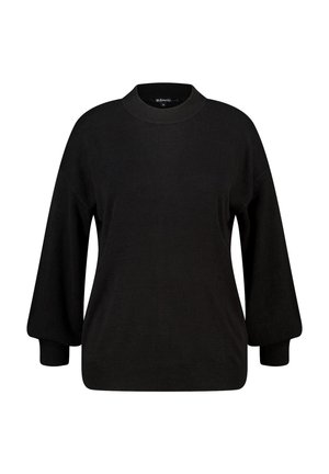 Zwarte trui met een ronde hals, lange licht opgeblazen mouwen en een ontspannen pasvorm. Gemaakt van een zachte gebreide stof met geribbelde manchetten.