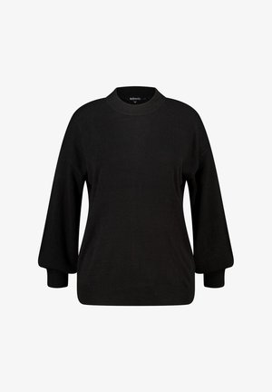 Zwarte trui met een ronde hals, lange licht opgeblazen mouwen en een ontspannen pasvorm. Gemaakt van een zachte gebreide stof met geribbelde manchetten.