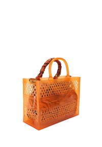 Orange translucent plastic tote bag with lattice pattern, featuring two rigid handles and an inner fabric pouch with braided handles.