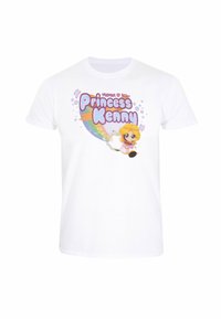 Bílý bavlněný tričko s barevným grafikou postavy se světlými vlasy a textem "Princezna Kenny" v hravém písmu a bublinkách.