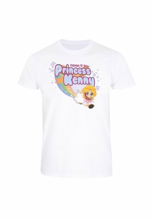 Witte katoenen t-shirt met een kleurrafische afbeelding van een personage met blond haar en de tekst "Princess Kenny" in een speelse lettertype en bellen.