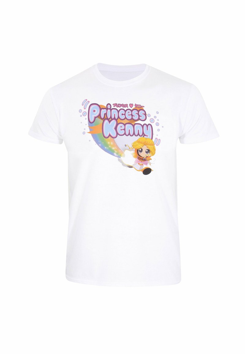 Bílý bavlněný tričko s barevným grafikou postavy se světlými vlasy a textem "Princezna Kenny" v hravém písmu a bublinkách.