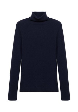 Pull à col roulé bleu marine en texture côtelée, avec des manches longues et une coupe ajustée, comportant un col haut.