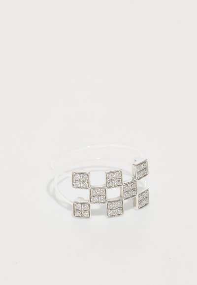 Silver ring featuring a geometric design with clear, square-shaped rhinestones set in a grid pattern on an open, flexible band.