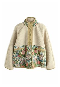 Fleecejakke, beige med blomsterprint ved taljen og lommer. Har høj krave og knaplukning med kontrasttrim.