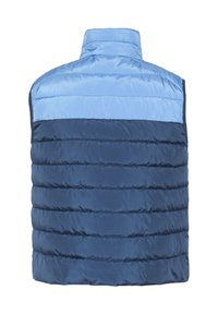 Padded sleeveless vest featuring a two-tone design in light blue and navy, with horizontal stitching and a high collar. Smooth texture.