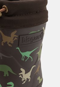 Hnědá voděodolná gumová taška s různými siluetami dinosaurů v zelené a zlaté barvě na tmavém pozadí. Texturovaný vršek se stahovací šňůrkou.