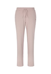 Lichtroze rechte broek met klein wit geometrisch patroon en een tailleband met strik aan de voorkant.