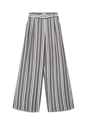 Pantaloni a gamba larga con righe verticali bianche e grigie e vita alta con passanti per cintura.