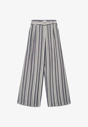 Pantaloni a gamba larga con righe verticali bianche e grigie e vita alta con passanti per cintura.