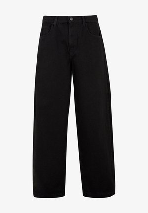 Zwarte wijde jeans van denim, met voorzakken, een knoopsluiting en een strak, minimalistisch ontwerp zonder zichtbare patronen.
