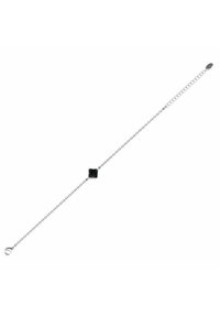 Bracciale in argento con un centro in pietra nera rettangolare, caratterizzato da un design semplice e una chiusura regolabile per la misura.