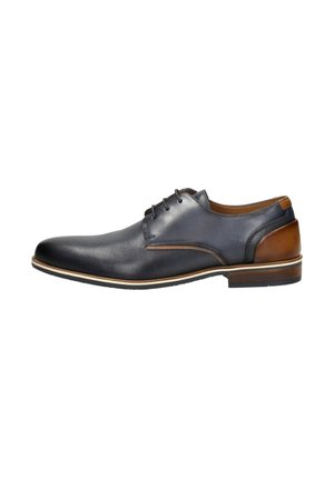 Men's leather dress shoe featuring a dark navy upper with a textured surface, brown accents on the heel, and a white sole.