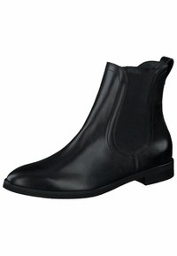 Botín Chelsea de cuero negro con un acabado suave, paneles laterales elásticos, puntera redondeada y suela de goma plana.