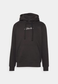 Felpa con cappuccio in un misto cotone grigio scuro, caratterizzata da una tasca frontale a canguro, cappuccio con cordini e logo stampato in bianco sopra la tasca.