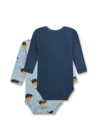 Twee longsleeve bodysuits: één in marineblauw, de ander in lichtblauw met een print van oranje en zwarte dieren. Zacht materiaal, drukknopen.