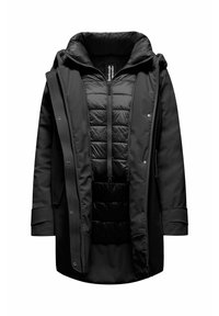 Cappotto esterno nero con zip e chiusura a scatto, dotato di uno strato interno trapuntato. Il tessuto appare liscio, con cappuccio e tasche laterali.