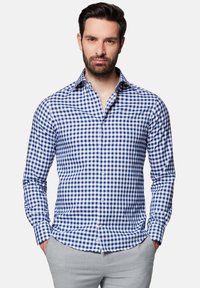 Niebiesko-biały w kratkę koszula z długim rękawem o dopasowanym kroju, z kołnierzykiem typu spread. Gładki materiał bawełniany.