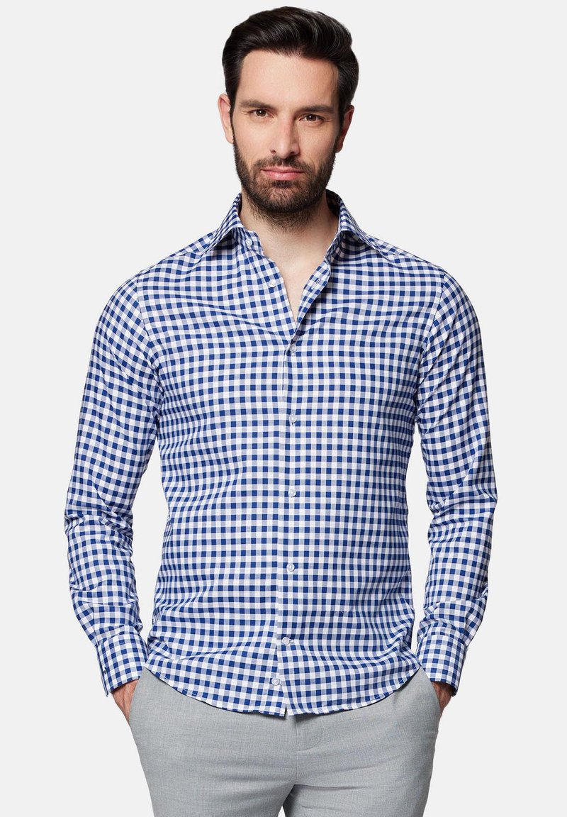Niebiesko-biały w kratkę koszula z długim rękawem o dopasowanym kroju, z kołnierzykiem typu spread. Gładki materiał bawełniany.