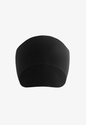 Čierna elastická čelenka vyrobená z pružnej tkaniny. Hladký povrch, bezšvíkový dizajn, zaoblený vrch a žiadny viditeľný hardvér alebo ozdoby.