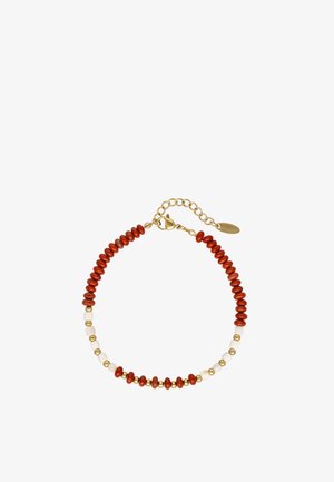 Bracelet avec de petites perles rondes alternées rouges, blanches et dorées, muni d'un fermoir chaîne doré et d'une rallonge.