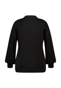 Zwarte trui met een relaxte pasvorm, voorzien van een ronde hals, ballonmouwen en geribbelde boorden. Gemaakt van zacht gebreide stof.