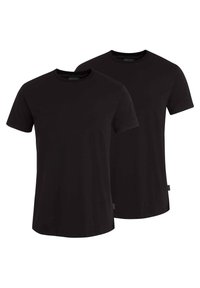 To sorte bomulds t-shirts med korte ærmer og rund hals. Har en glat tekstur og minimalistisk design. Ingen synlige logoer.