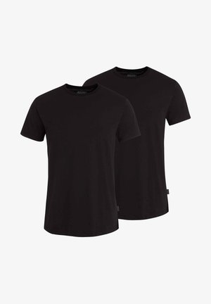 Dos camisetas de algodón negras con mangas cortas y cuello redondo. Presentan una textura suave y un diseño minimalista. Sin logotipos visibles.