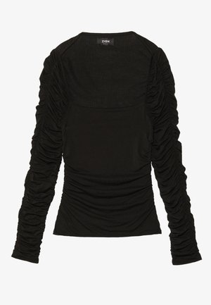 Black long-sleeve top with gathered detailing on sleeves and sides, made of stretchy fabric, featuring a round neckline and fitted silhouette.