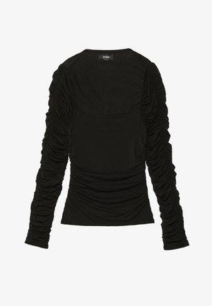 Sorte langærmede bluse med samlinger på ærmerne og siderne, lavet af strækbart stof, med rund halsudskæring og tætsiddende silhuet.