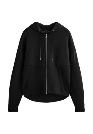 Hanorac cu fermoar negru, buzunare frontale, șnururi și o tivă ușor curbată, afișat pe un fundal alb.