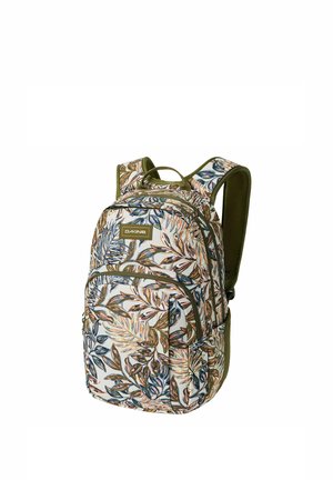 Rugzak met groene banden, uitgevoerd met een meerkleurig botanisch bladpatroon en meerdere met ritsen afsluitbare vakken, vooraan een Dakine-logopatch.