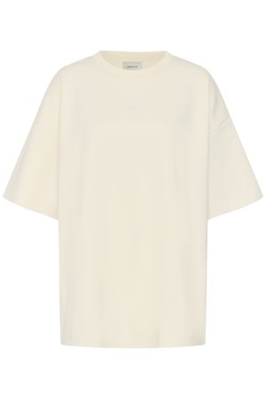 T-shirt oversize crème à manches courtes avec col rond et détail subtil du logo à l’avant.
