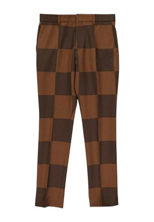 Bruine en donkerbruine geruite broek met rechte pasvorm en een klein "Louis Vuitton Paris" logo op het bovenste deel van de rechterdij.