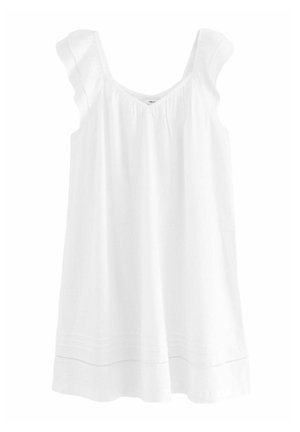 Hvid ærmeløs top med flæser på stropperne, samlet halsudskæring og diskret vandret syning i kanten for ekstra tekstur.