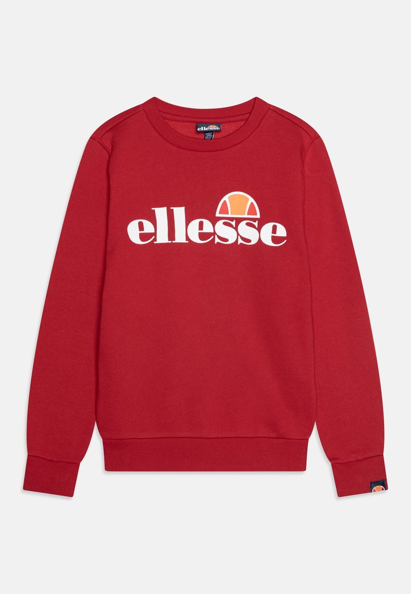 Felpa rossa realizzata in un tessuto morbido, con il logo bianco "ellesse" stampato sul petto e una piccola grafica arancione e bianca sopra il logo.