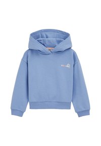 Sweatshirt à capuche bleu en tissu doux avec des bords côtelés aux poignets et à l'ourlet. Il présente un petit logo multicolore "VOYAGE" sur le devant.