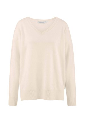 V-Ausschnitt-Pullover aus weichem, cremfarbenem Stoff. Rippbündchen und Saum-Details. Lockere Passform mit langen Ärmeln. Leichte und glatte Textur.