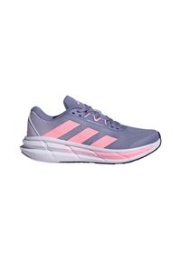 Chaussure de sport légère en violet avec des accents roses, tige en mesh, semelle rembourrée et logo à trois rayures. Présente le marquage "Bounce" sur la semelle.