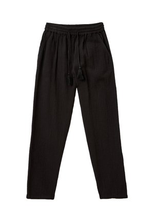 Sort teksturerede løse bukser med elastisk talje og snor med frynser. De har sidelommer og lige ben.