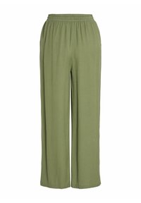 Pantalones de pierna ancha en verde oliva claro, hechos de una tela suave y transpirable, con una cinturilla elástica para mayor comodidad. Textura suave y diseño sencillo.
