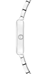 Silberfarbene Uhr mit einem rechteckigen Gehäuse, polierter Oberfläche und einem glatten Armband, das aus verknüpften quadratischen Segmenten besteht. Detaillierte Krone vorhanden.