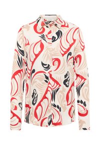 Camicia con bottoni in tessuto leggero. Presenta un motivo astratto colorato in rosso, nero e beige. Collo classico e maniche lunghe.