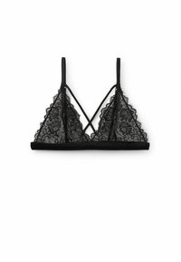 Schwarzer Spitzen-Bralette mit dreieckigen Cups, verstellbaren Trägern und einem weichen Band. Merkmale sind aufwendige Spitzenmuster und ein überkreuztes Rückendesign.