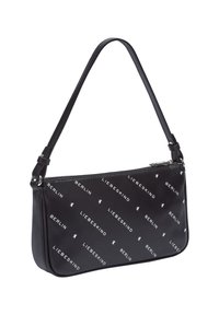Borsa a spalla nera con tracolla regolabile, chiusura con zip e motivo stampato ripetuto in bianco con il testo e il logo "Liebeskind Berlin".