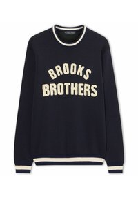 Námornícky sveter s krémovým textom "BROOKS BROTHERS". Má rebrované manžety a spodný lem s krémovými akcentami, vyrobený z jemného pleteného materiálu.