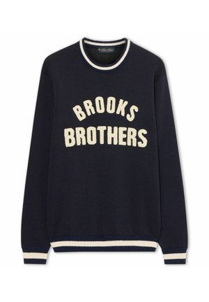 Maglione navy con il testo "BROOKS BROTHERS" in crema. Presenta polsini e orlo a coste con accenti crema, realizzato in un morbido materiale a maglia.