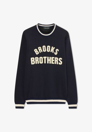 Maglione navy con il testo "BROOKS BROTHERS" in crema. Presenta polsini e orlo a coste con accenti crema, realizzato in un morbido materiale a maglia.