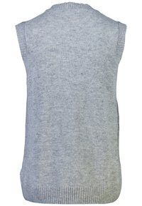 Grå ärmlös tröja med ribbad halsringning och nederkant. Tillverkad av ett mjukt, texturerat stickat tyg med ett diskret melerat mönster.