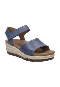 Blaue Leder-Wedgesandale mit zwei breiten Riemen, details im Espadrille-Stil aus Jute, gepolsterter Innensohle und Gummisohle für guten Halt.